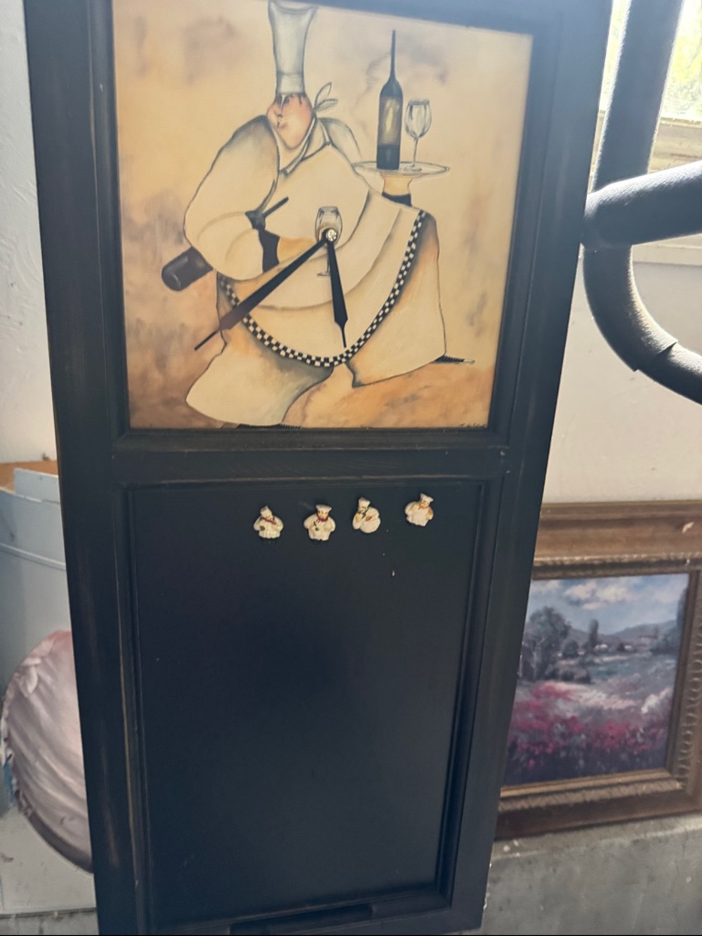 Chef Wall Clock Chalkboard with Decorative Hooks - Black and Cream